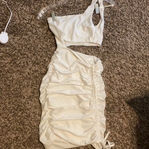 White one shoulder side cut out w ruching detail